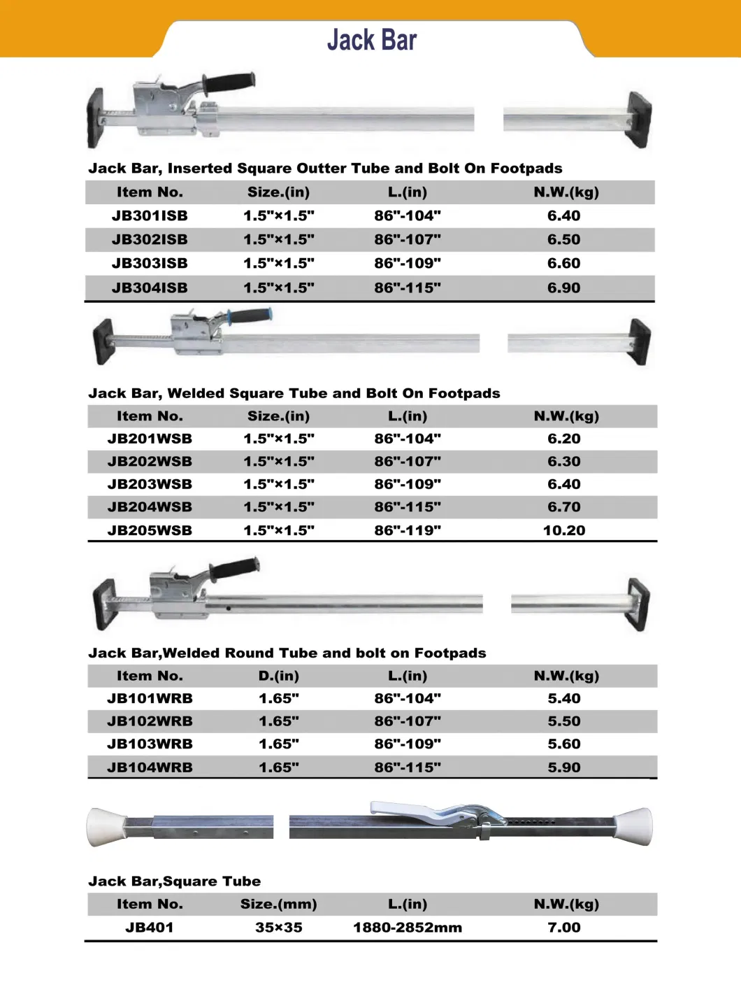 38mm 1.5" Spring Adjustable Steel Cargo Bar 89′′-104′ for Logistics Container Load Trailer Truck Jack Bar